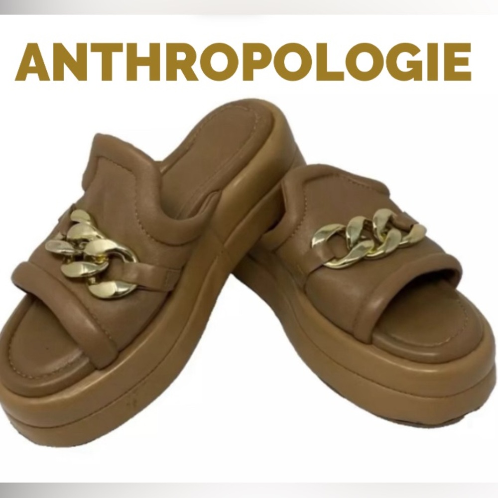 ANTHROPOLOGIE Alba Moda Leather Platform Wedge Slip-on Hardware Slides Sz 39/8